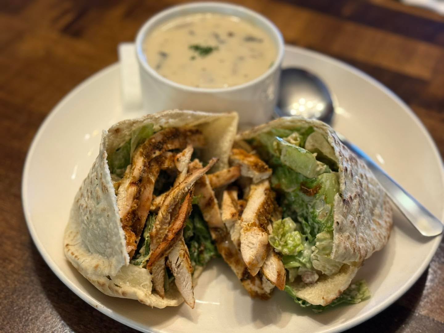Grilled Chicken Caesar in a Pita with our cream of mushroom soup!

Available on our Lunch hours today! 

11-2 pm.