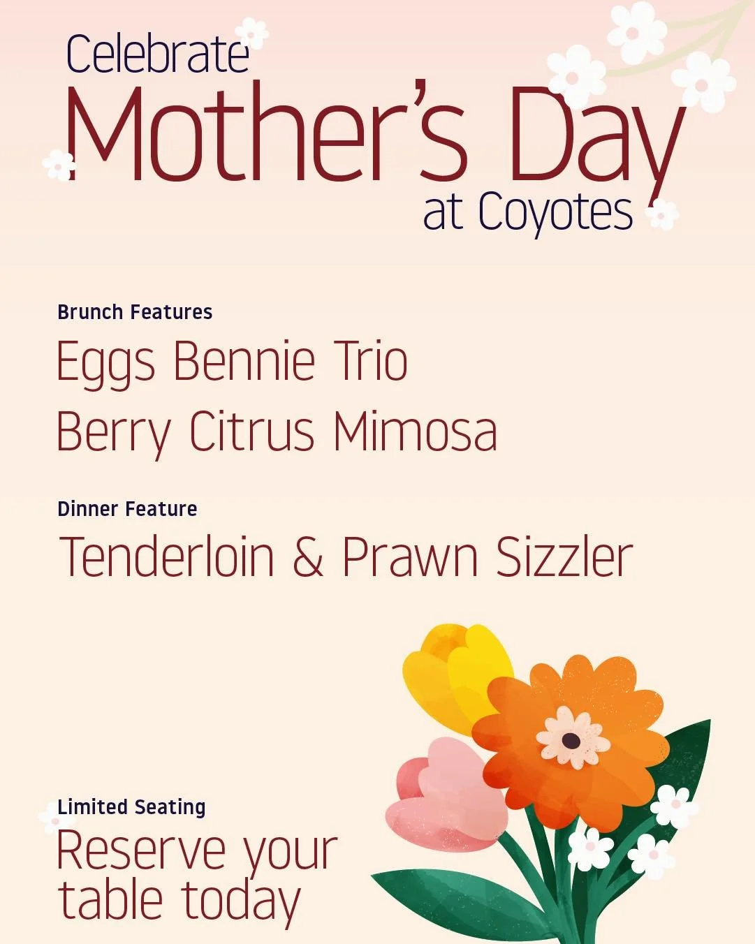 Ed has whipped up a Spectacular treat this weekend to help you Celebrate Mother&rsquo;s  day!

Ed will also be going around pouring his special berry citrus mimosas complimentary to all MOM&rsquo;s. 

Filling up fast!  Save your Spot to be Wow&rsquo;