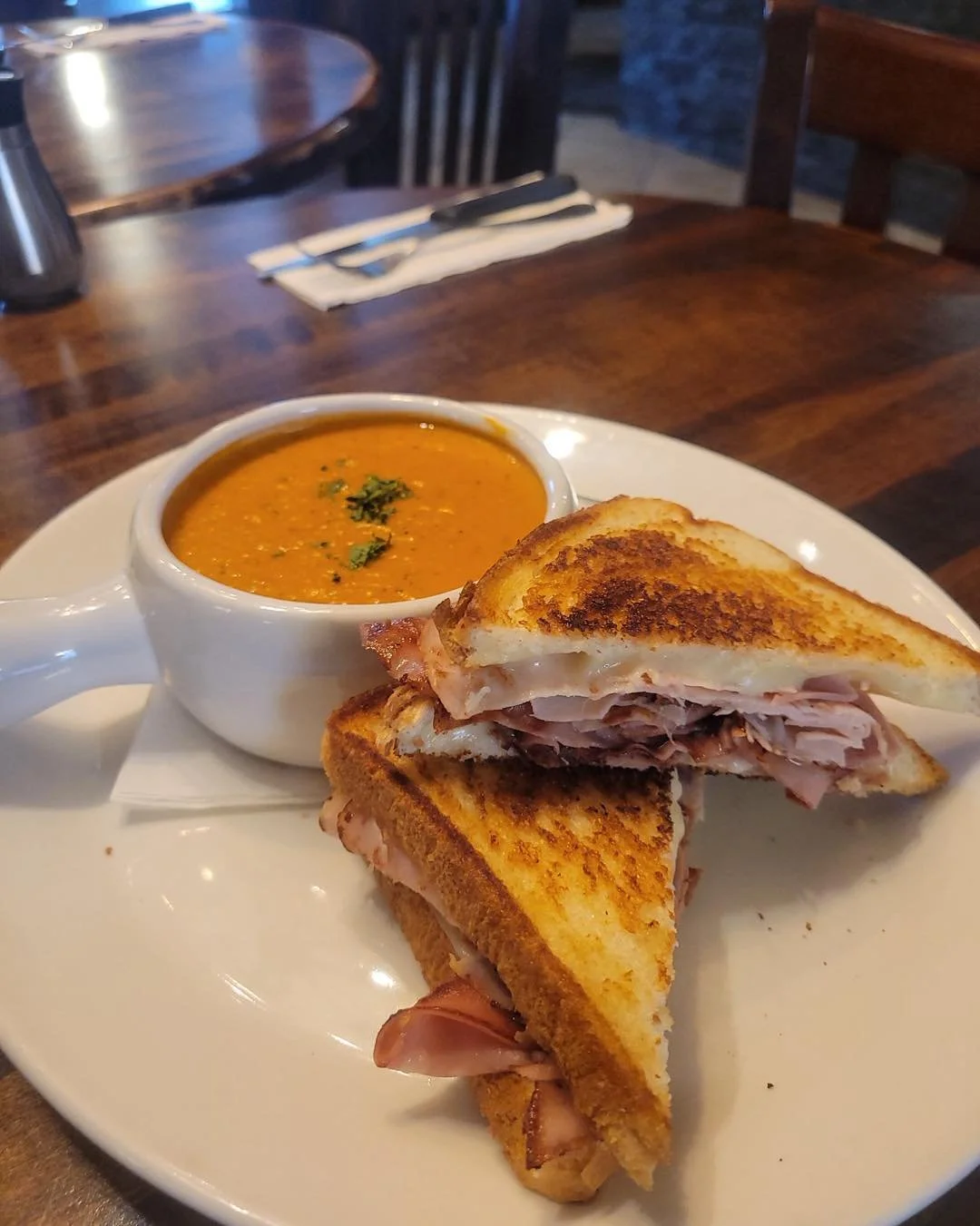 Cream of tomato and basil with our Italian grilled cheese.