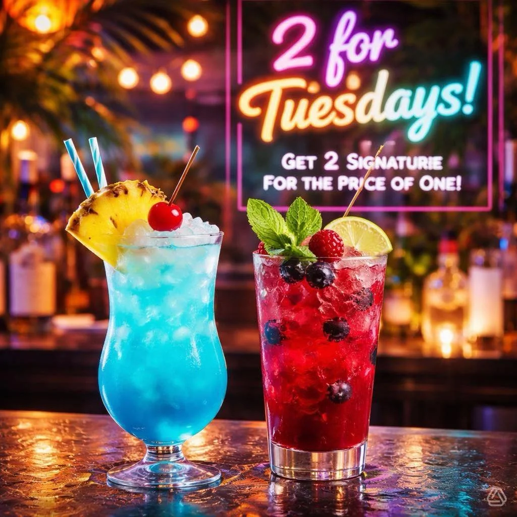 Ed is so proud of his New Signature cocktails that he wants you to share with a friend! 

Get 2 of his special Signature Beverage for the price of one!