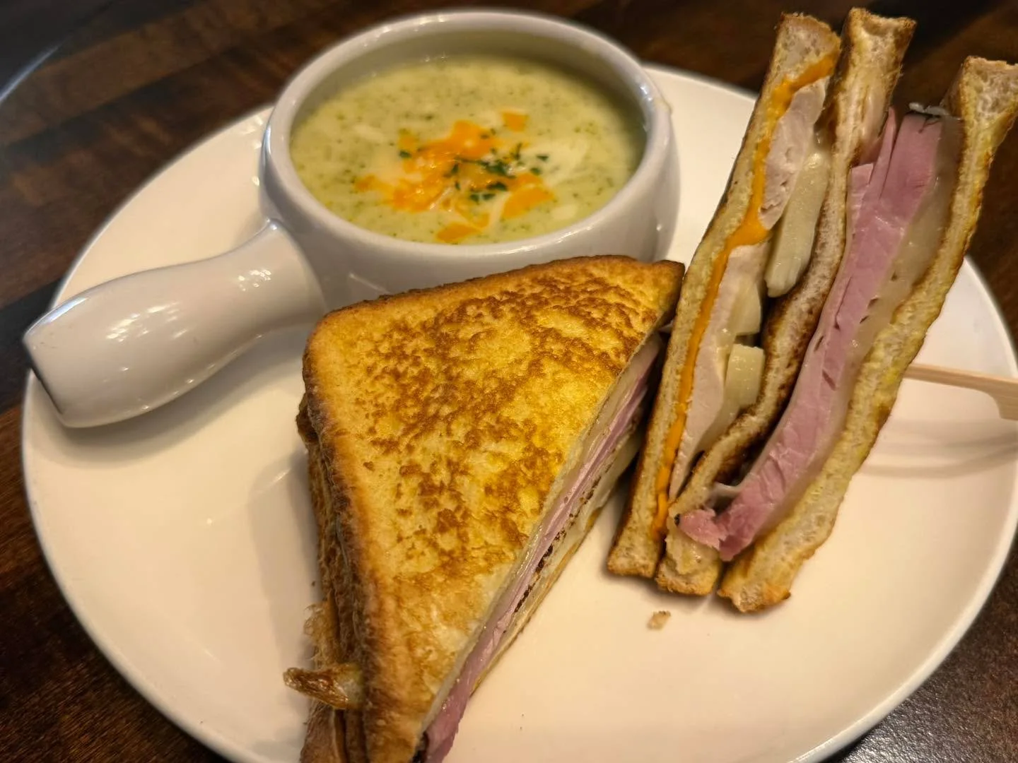 A chillier Day so let us warm you up with our  triple Decker Monte Cristo with a cream of Broccoli and cheddar! 

Available 11-2 pm. 

Come get some!