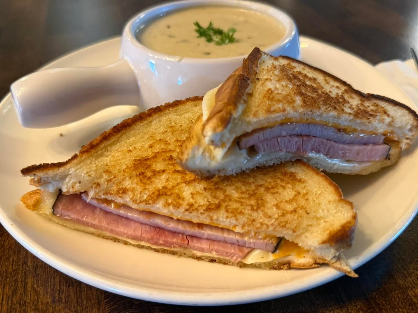 Our 2 Cheese grilled ham and cheese with a cream of Mushroom soup!

Guaranteed to please this Lunch Hour!