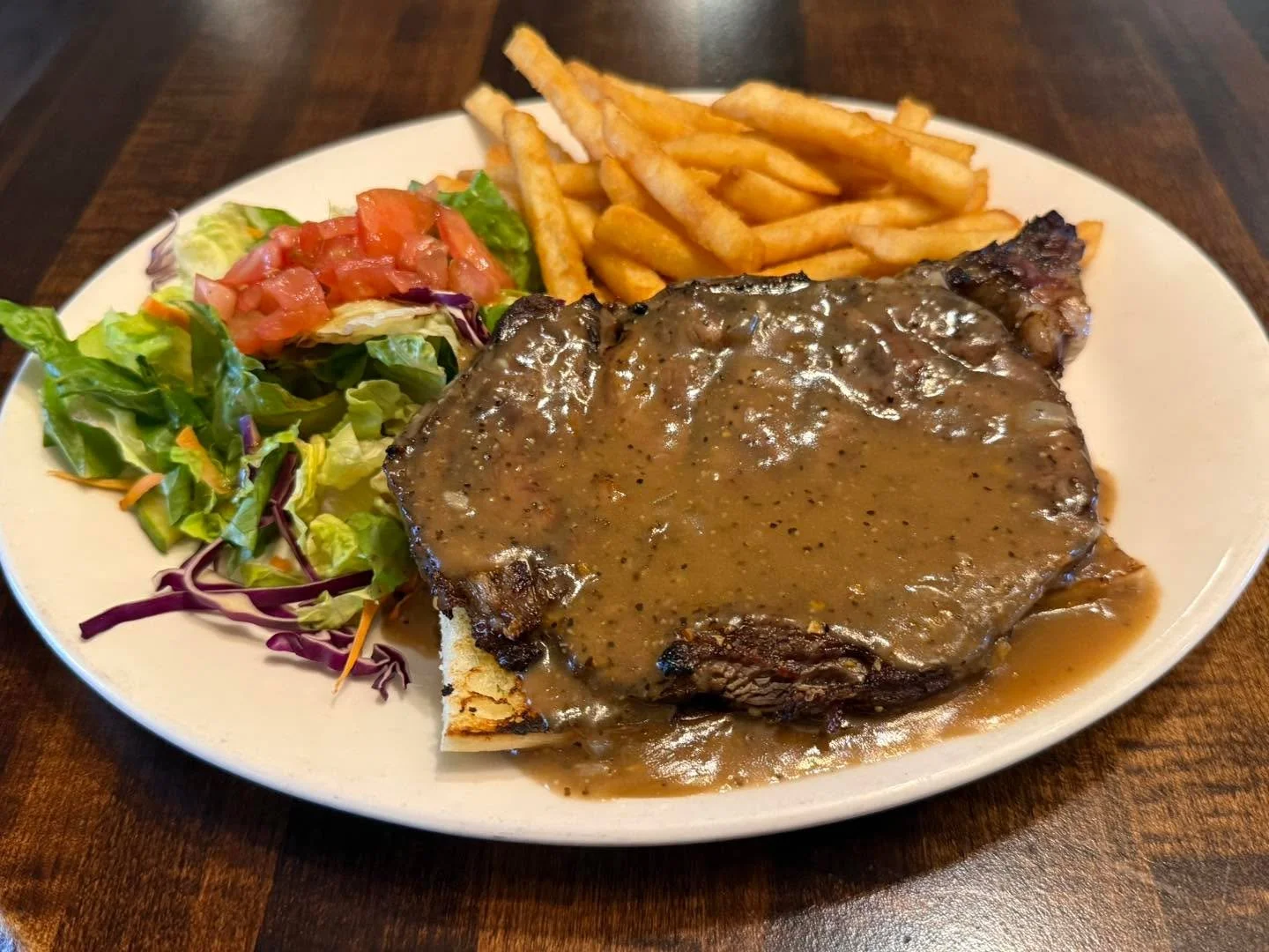 Canadian whiskey Peppercorn Sauce on a slab of juicy Prime Rib over garlic toast! 

Perfect lunch to satisfy your hunger! 

Offered 11-2 pm! 

Come Get Some!