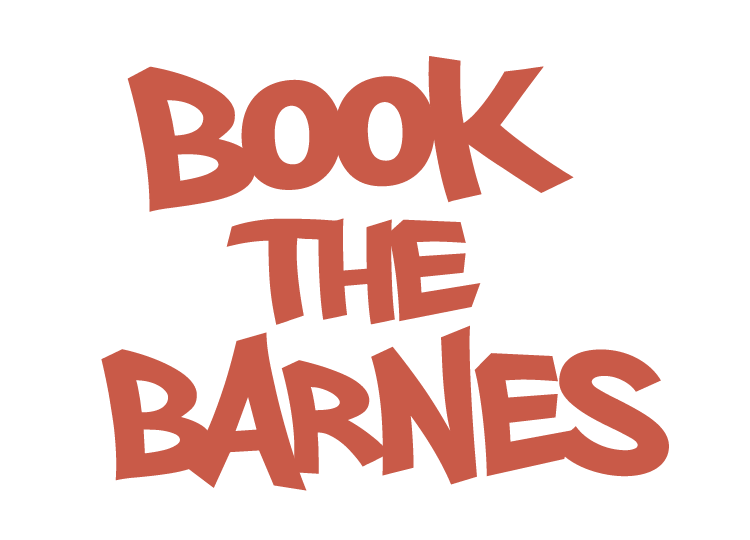 Bold, stylized "BOOK THE BARNES" grafitti workmark in a signature Infinite Design Agency 'innovation' color.