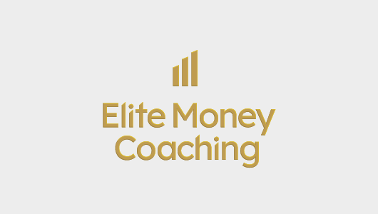 Logo design by Infinite with gold bars above the text 'Elite Money Coaching' in gold font on a light grey background