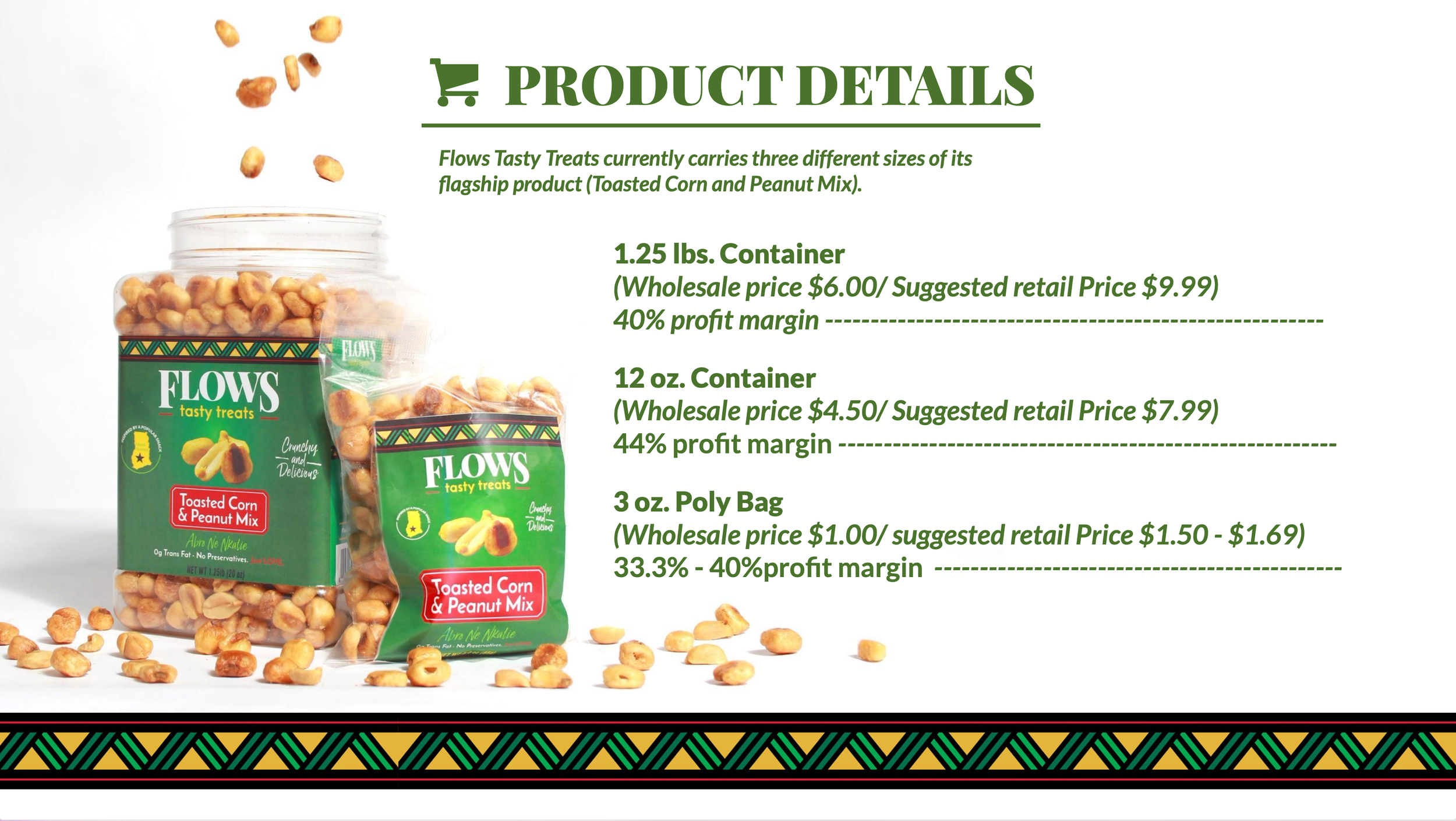 Product details for Flows Tasty Treats, including three sizes of toasted corn and peanut mix: 1.25 lbs, 12 oz, and 3 oz. packets, with pricing and profit margin information.