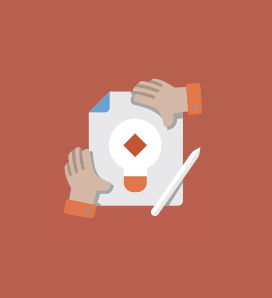 A flat design illustration of two hands handling a document with a lightbulb icon, a stylus pen beside it, set against a Infinite innovation colored background.