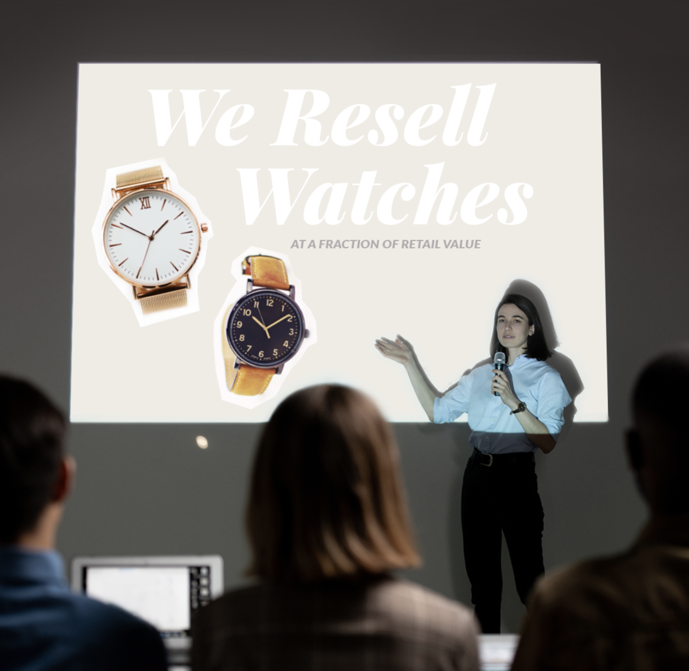 A woman giving a presentation on reselling watches at a conference. The slide behind her displays images of two watches and the text 'We Resell Watches at a fraction of retail value'.