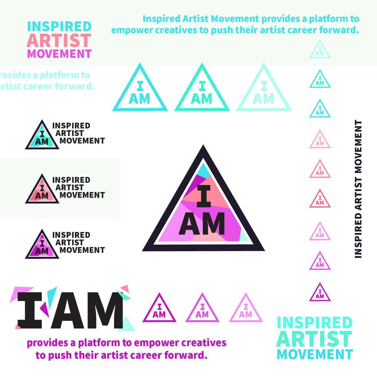 A colorful infographic about the Inspired Artist Movement, featuring various sizes and shades of triangular logos with the text "I AM" and "INPIRED ARTIST MOVEMENT". The center contains a large triangle with "I AM" and "ART" inside, surrounded by sma