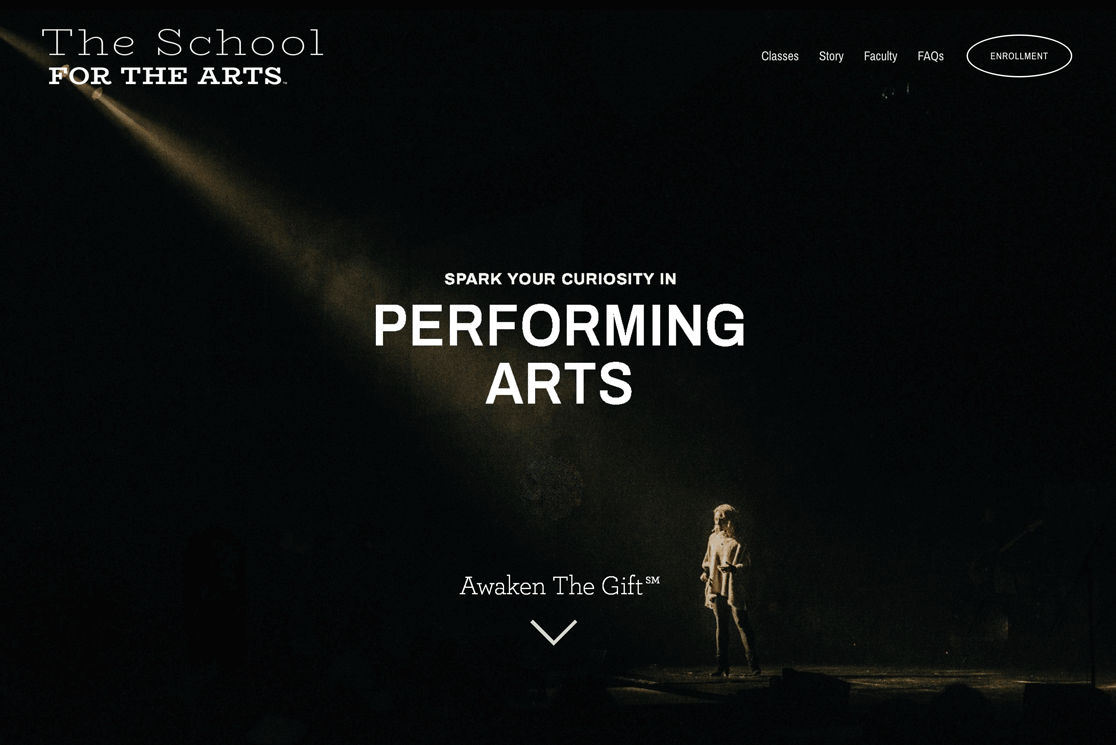 Actor standing on a stage illuminated by a spotlight, with School For The Arts™ branding and a dark background.