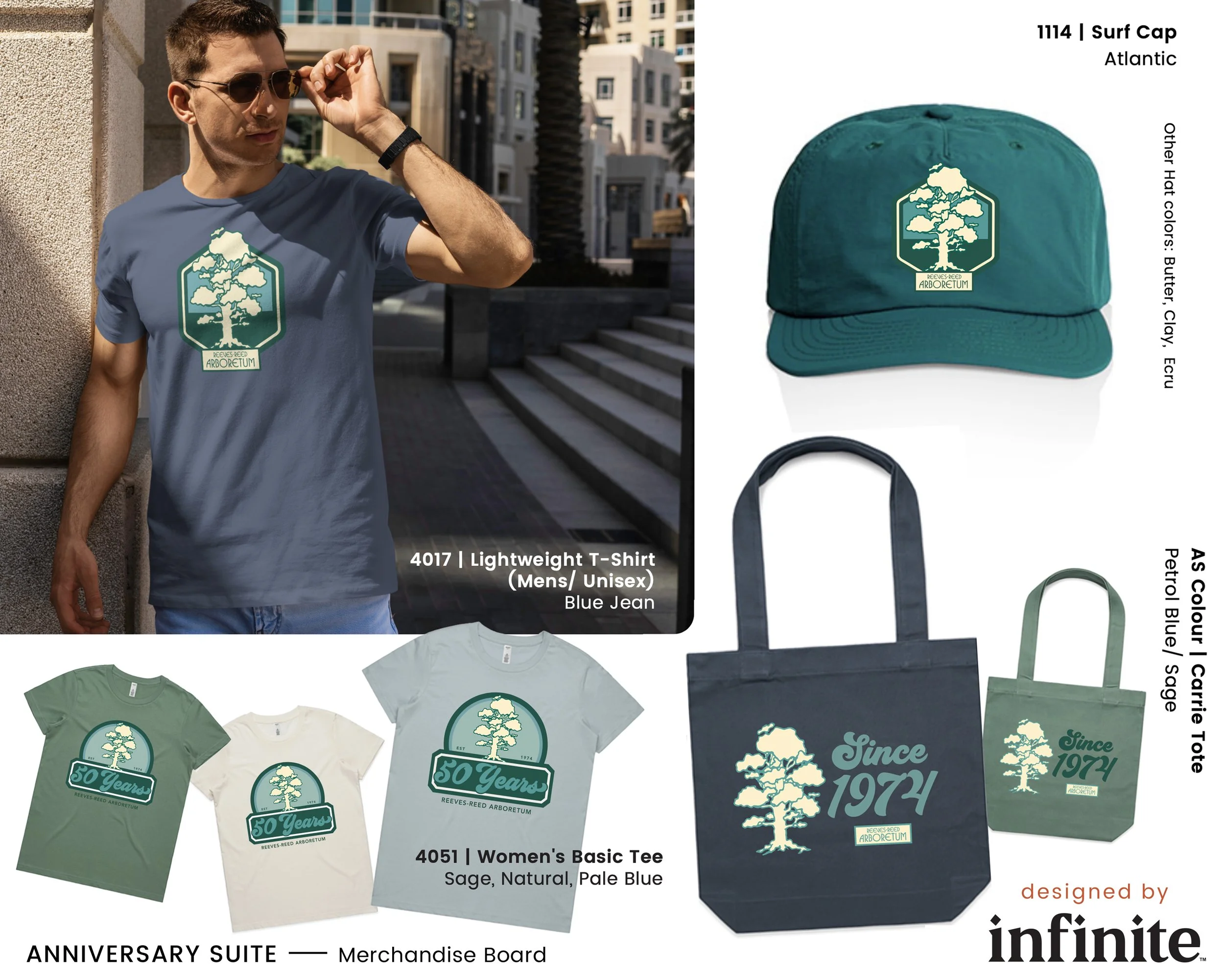 Display of merchandise featuring a logo with a tree and the text "Since 1974" for an Arbor Day celebration. Items include a men's lightweight unisex T-shirt in blue jean, women's basic tees in sage and natural colors, a surf cap in Atlantic color, an