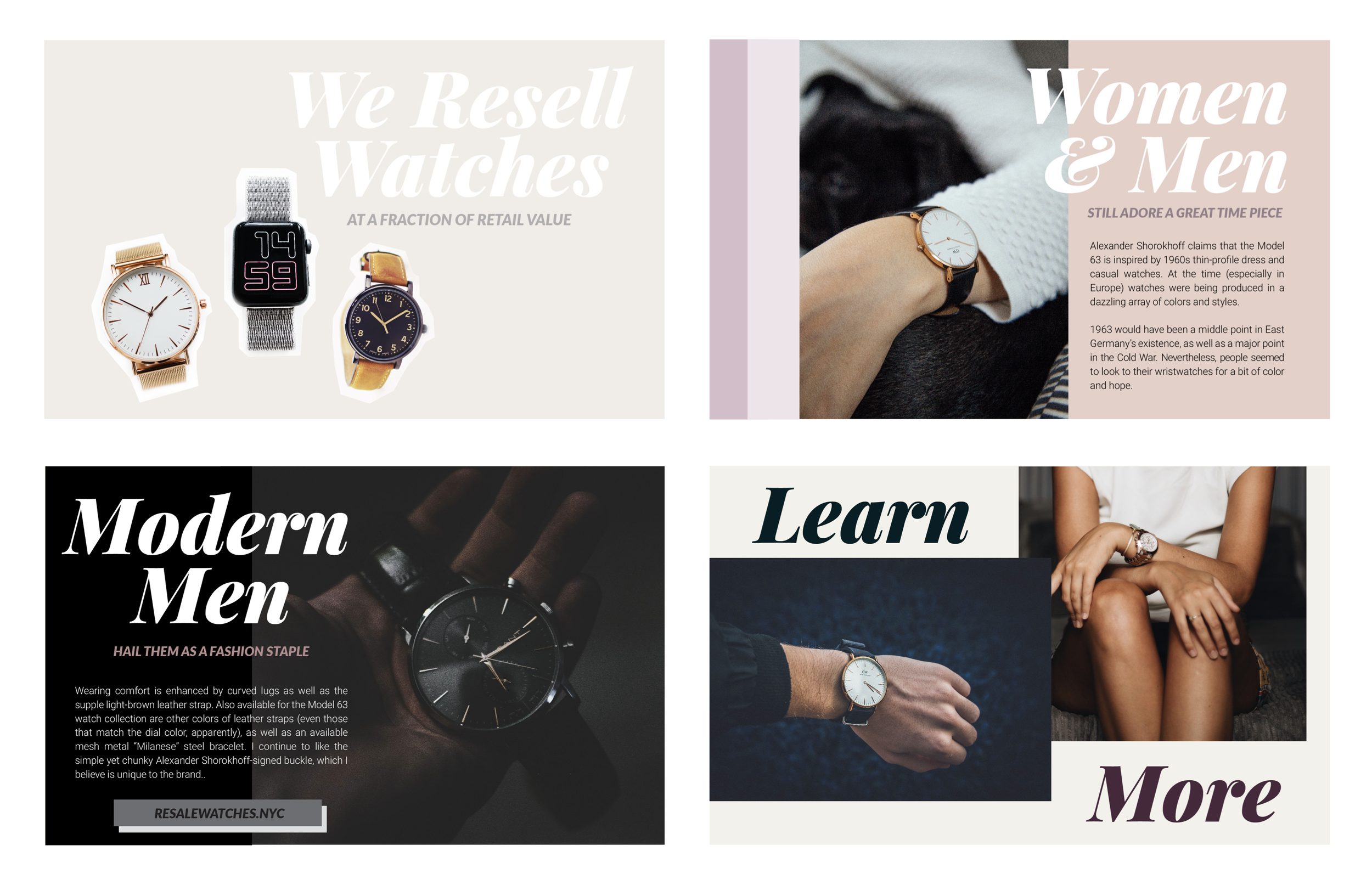 Collection of four promotional images showcasing men and women's watches, emphasizing modern, resale, and learning about watches, with various models and styles.