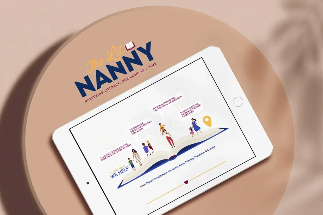 A tablet displaying an infographic showing the unique path The Lit. Nanny uses to 'Nurture Literacy, One Home At A Time sitting on a round table as the sunlight graces through a living room window.