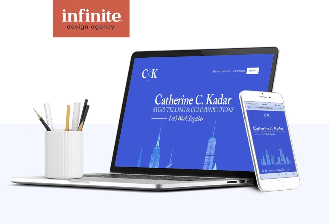 A laptop and a smartphone displaying the website of Catherine C. Kadar, a storytelling and communications professional, with a white pencil holder containing pencils and rulers beside the laptop, all on a white surface.