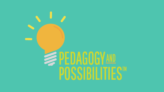 Lightbulb icon with the words "Pedagogy and Possibilities" on a teal background brandmark design by Infinite