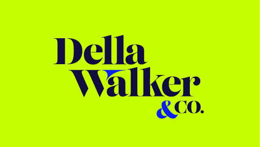 Della Walker & Co. logo on a bright green background, custom logo design and typesetting, and branding by Infinite