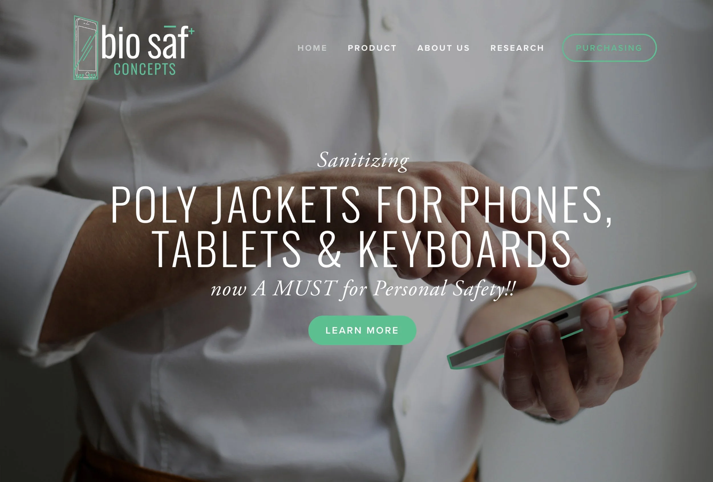 Website homepage displaying polyjacket sleeves (outlined in green) for phones, tablets, and keyboards with a person holding a smartphone.