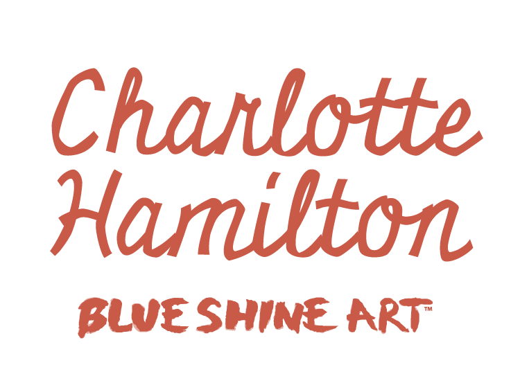 'Charlotte Hamilton Blue Shine Art' branding in cursive and bold font in a signature Infinite Design Agency 'innovation' color.
