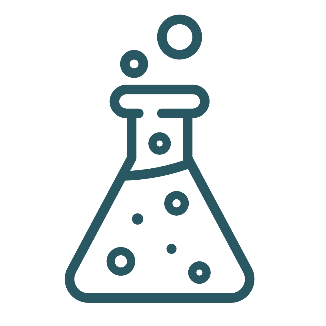 Line drawing of a laboratory Erlenmeyer flask with bubbles inside, topped with a stopper.