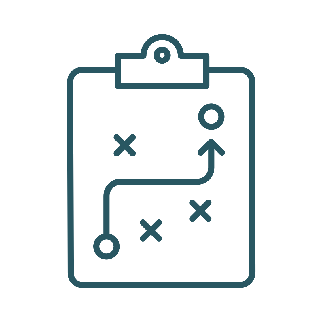 Line drawing of a clipboard with a tactical game plan, including a route with circles, Xs, and an arrow.