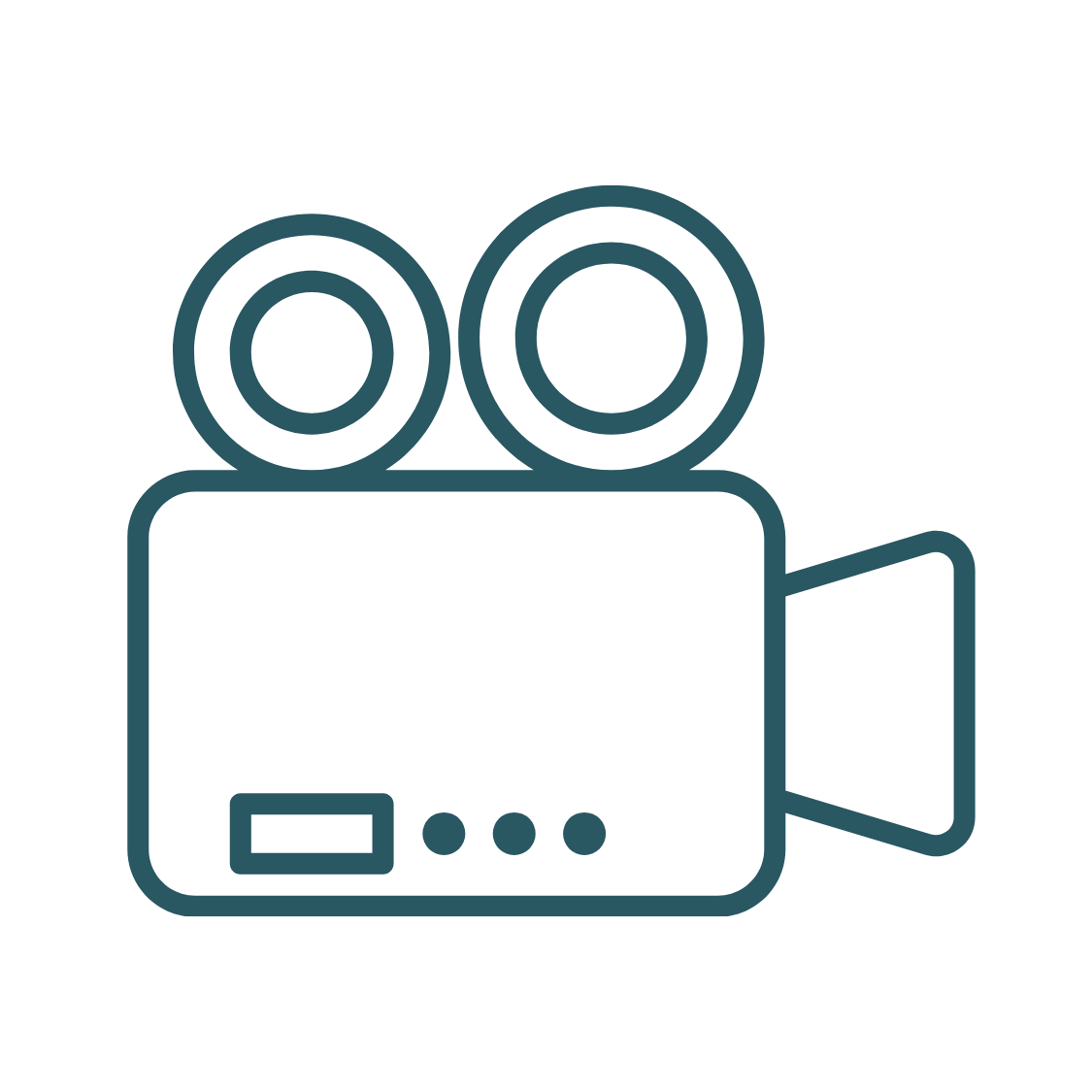 Outline drawing of a vintage film camera with reel wheels on top and a lens on the side.