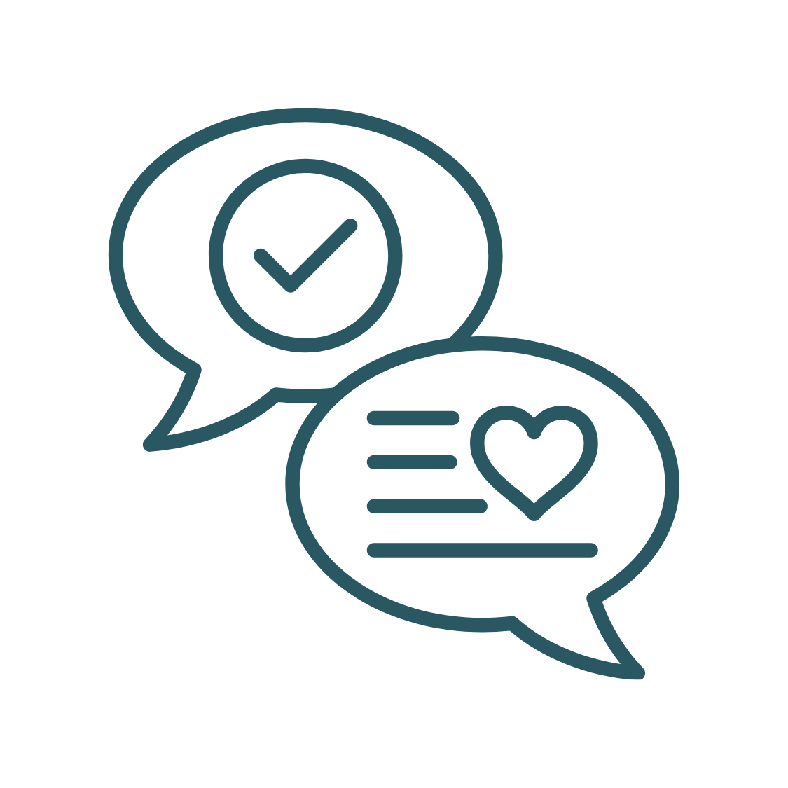 Line drawing of two speech bubbles, one with a check mark and the other with a heart, representing positive communication or feedback.