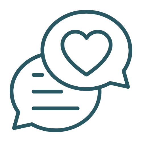 Two chat bubbles, one with a heart and the other with lines representing text, indicating a conversation about love or affection.
