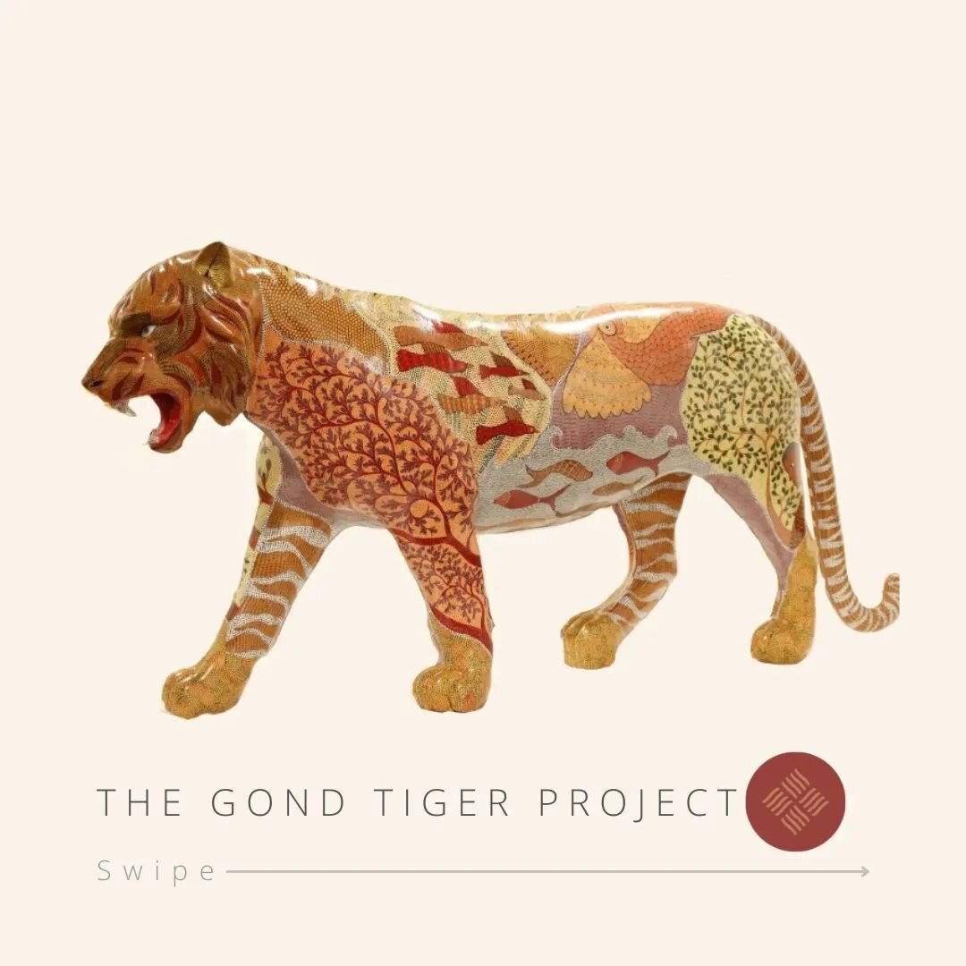 The Gond Tiger Project
Medium - Acrylic on fiberglass
Artist - Kishen Uikey
Style - Gond

The Gond Tiger Project is a project where an experiment of gond art on a three-dimensional surface of fiberglass in the form of a tiger has been carried out. Th