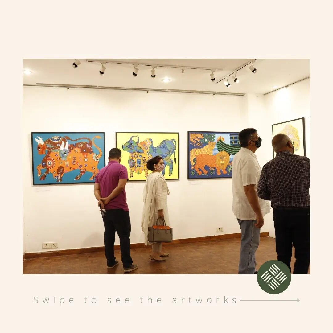 Swipe to see artworks from our #iafparallel exhibition at India International Centre (@iic_delhi ) last month.

Image 1: Guests visiting the exhibition, @sundeepbhandari.art giving a tour to a few interested guests.

Image 2: CODE: 268
THE GOND CATTL