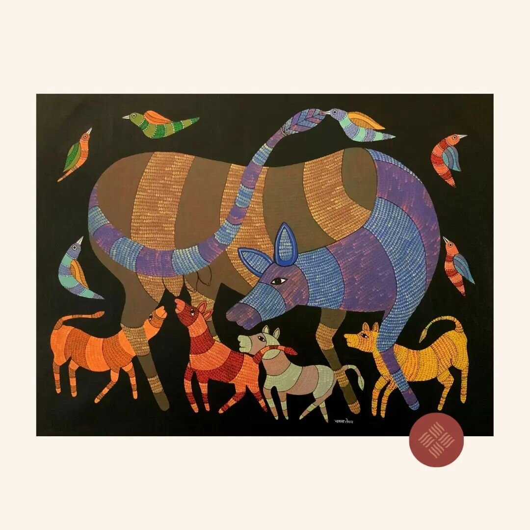 Motherhood ll
Artist - Bhavna Tekam
Style - Gond
Medium - Acrylic on Canvas 
Size 36 x 48 inches
Code 127
.
The artist has been mentored and encouraged to use abstract styles in warli art form, creating unique artworks. This painting is from a serie