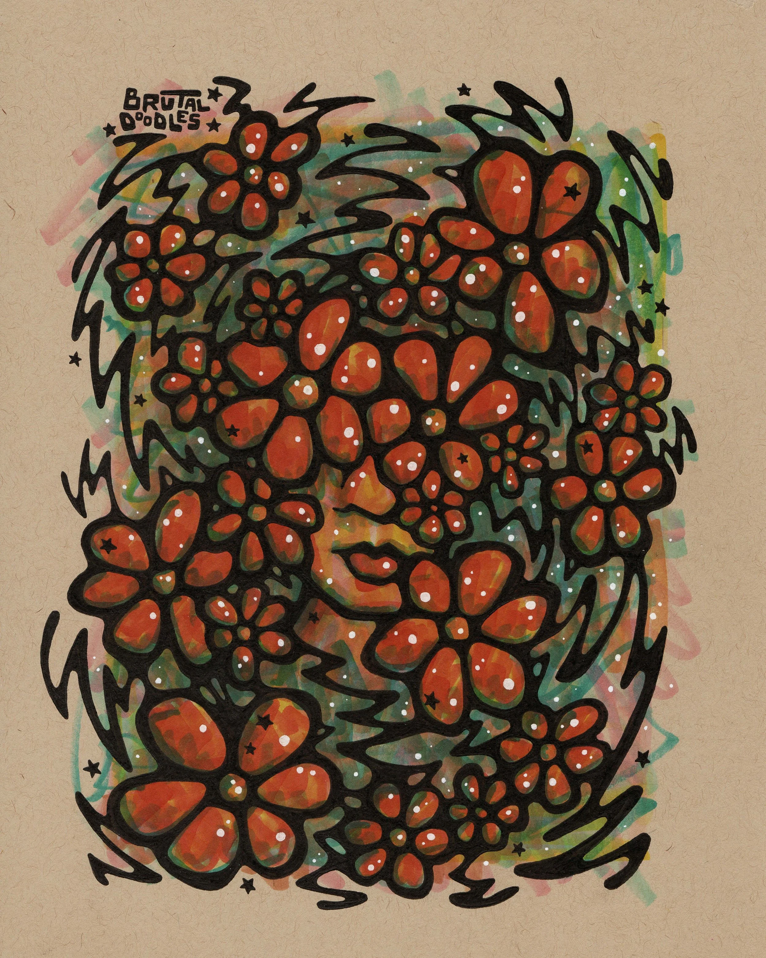 Brutal Doodles, "Mother Nature's Child," 8" x 10" ink on mixed media paper, 2025