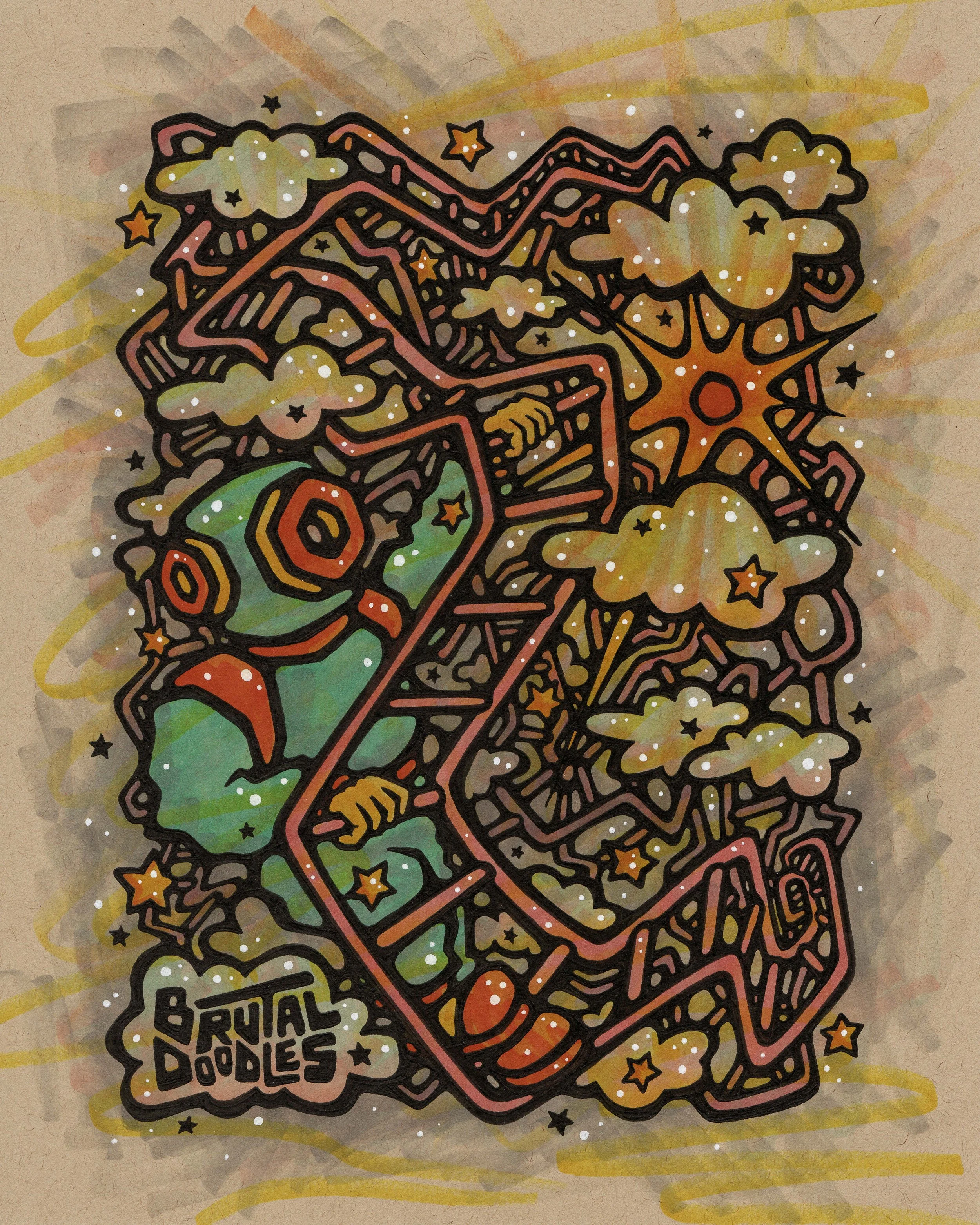 Brutal Doodles, "Navigation," 8" x 10" ink on mixed media paper, 2025