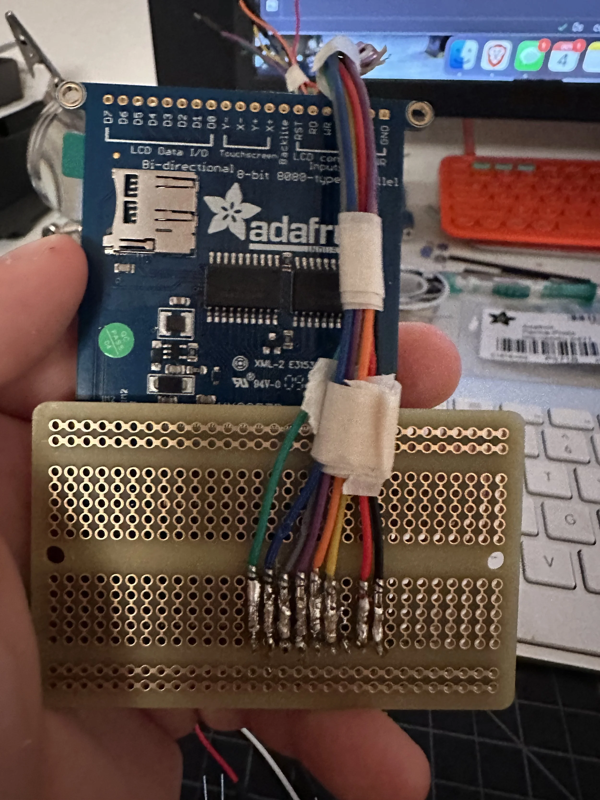 The SPI interface in this case requires 8 connections: 5V, GND, MISO, MOSI, CLK, C/S, DC, Backlight.
The screen was connected to a PCB Proto board with headers, and wires were soldered on from there. This image is the completed screen sub-assembly.
