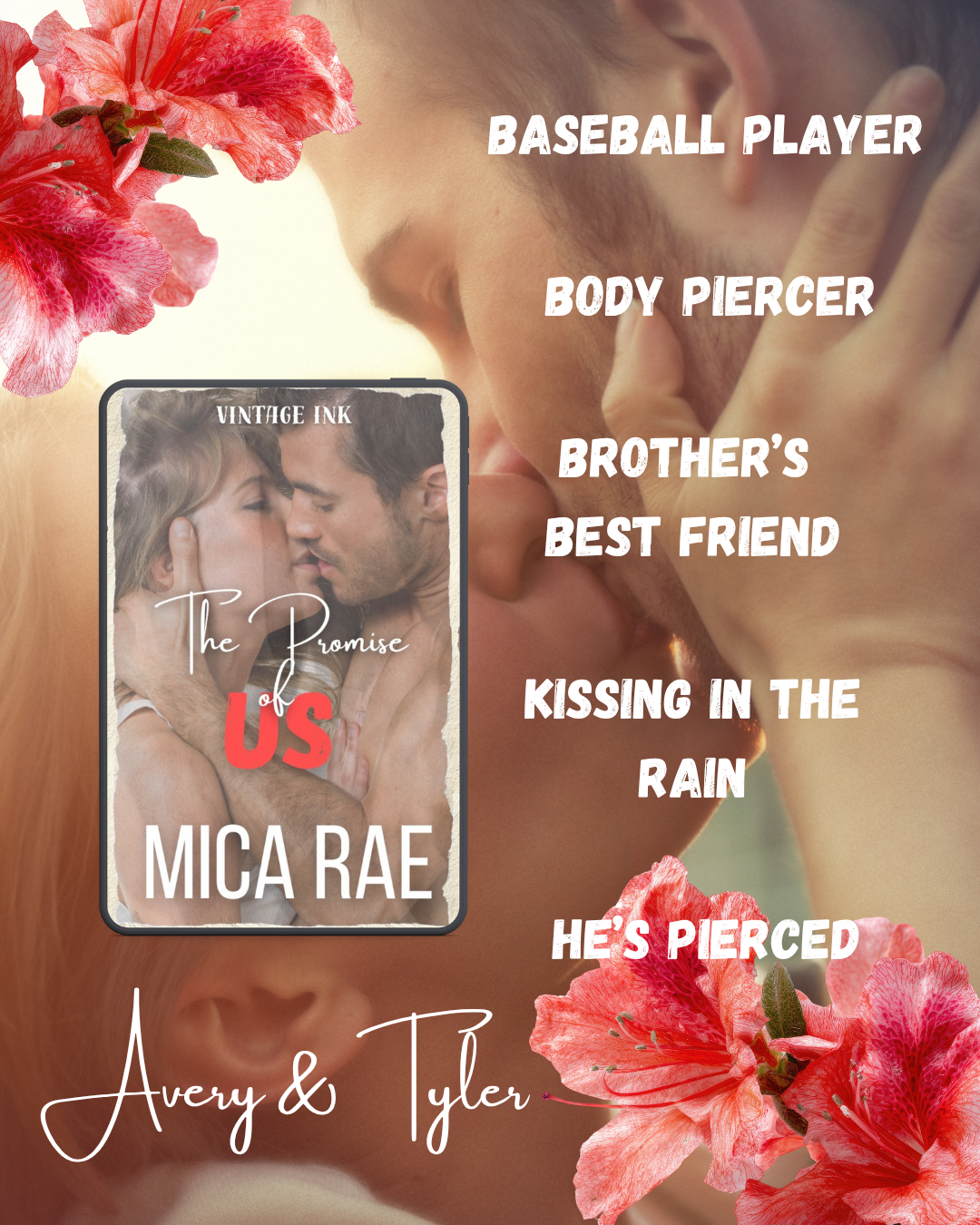Couple kissing in background with e-reader showing The Promise of Us book cover
