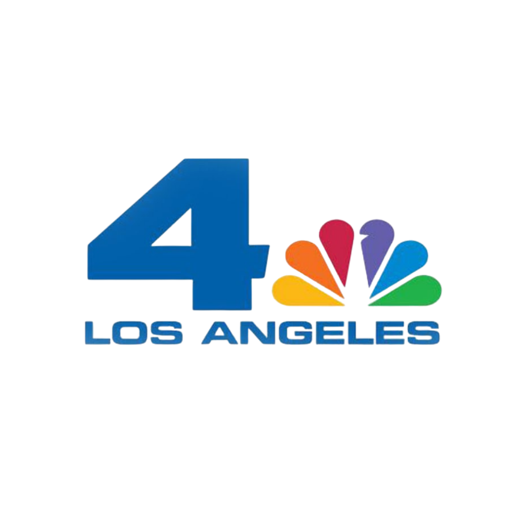Logo of NBC 4 Los Angeles, featuring a large blue number 4, a multi-colored peacock, and the text 'LOS ANGELES' underneath.