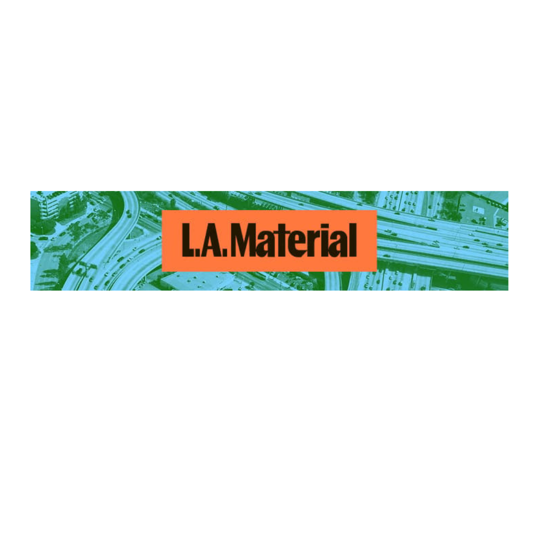 Magazine cover featuring a bird's-eye view of a highway interchange with the title 'L.A. Material' in bold black text on an orange background.