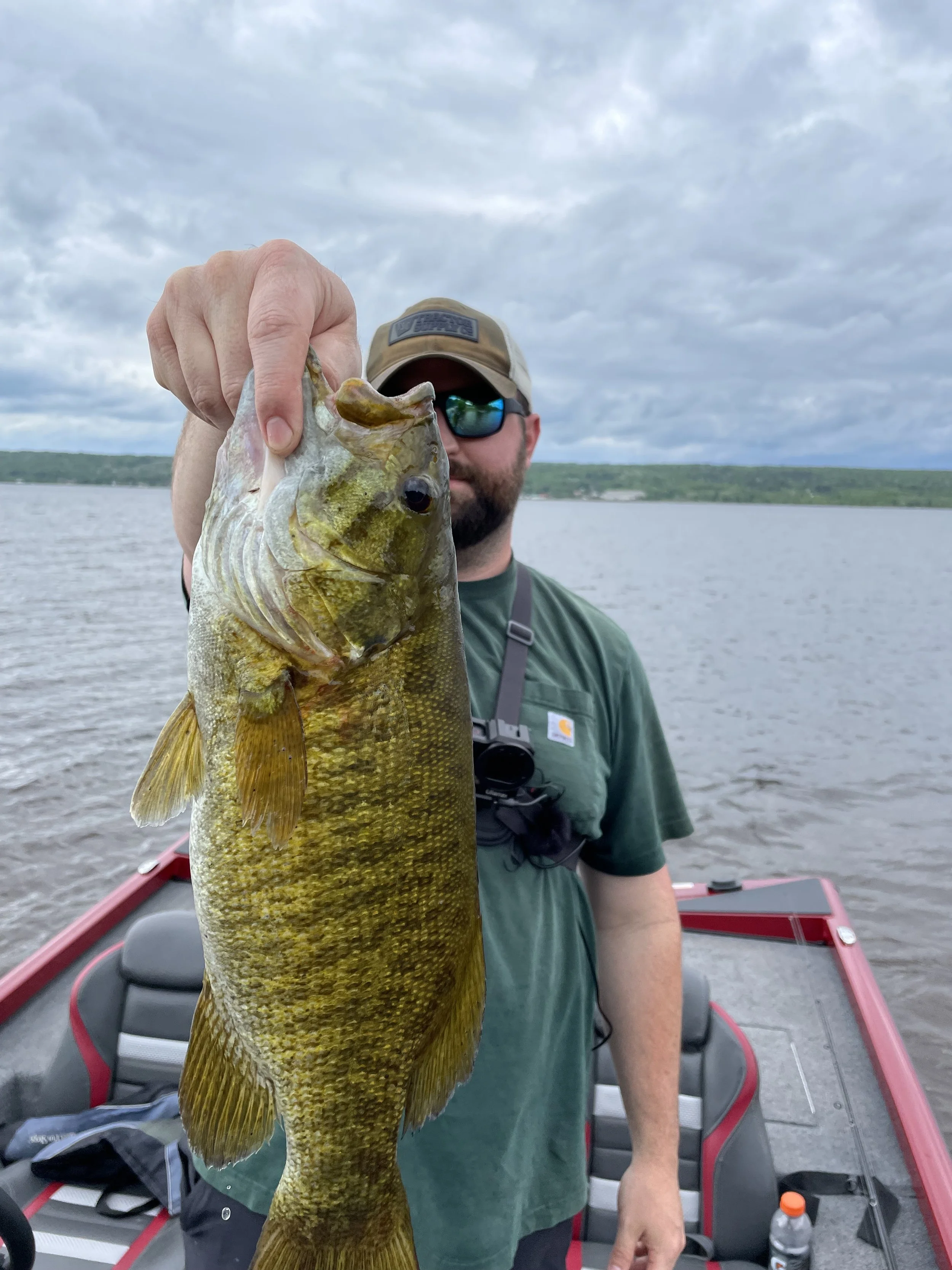 Bass Fishing Guide Services - Fishing Guide - Eagle Harbor, MI - Man on a boat holding a large fish against a lake backdrop.