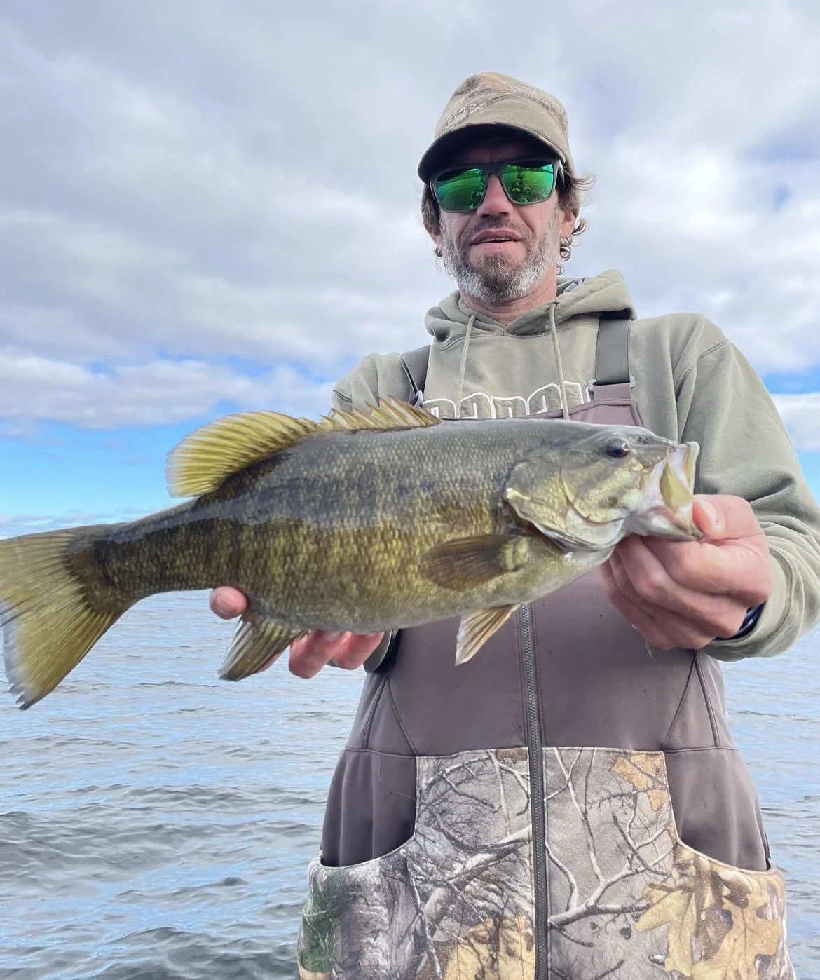 Person wearing sunglasses and a camo-pattern fishing outfit holding a largemouth bass near a body of water.