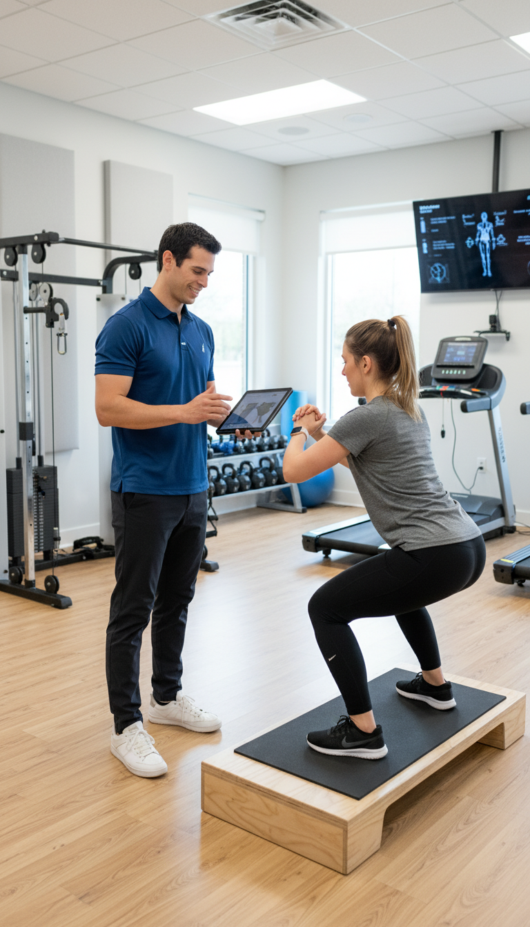 Physical therapist performing movement assessment for performance physical therapy in Wakefield with athletic client