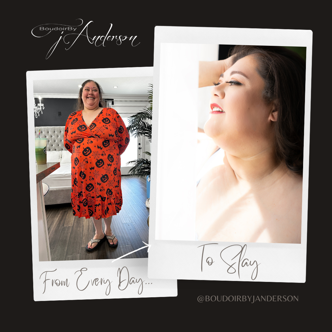 Before and after boudoir transformation featuring a plus-size client with professional hair and makeup, styled lingerie, and confident posing in a luxury boudoir studio.