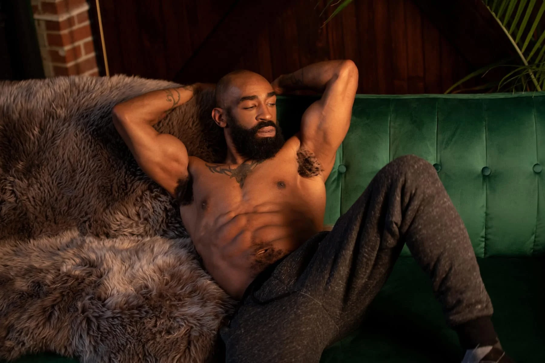Muscular Black Man with abs Wearing Sweat Pants