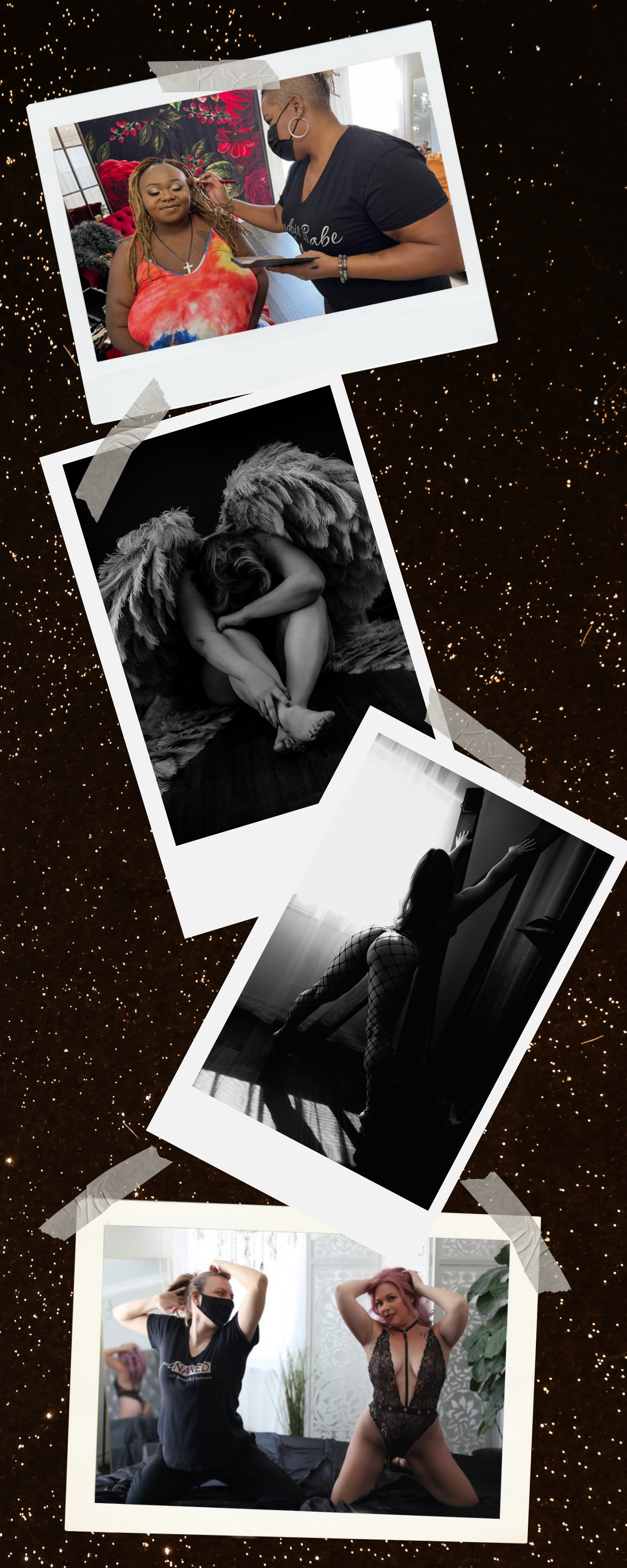 Collage of boudoir clients, posing guidance, and makeup application in a Mesa studio serving Phoenix and Scottsdale