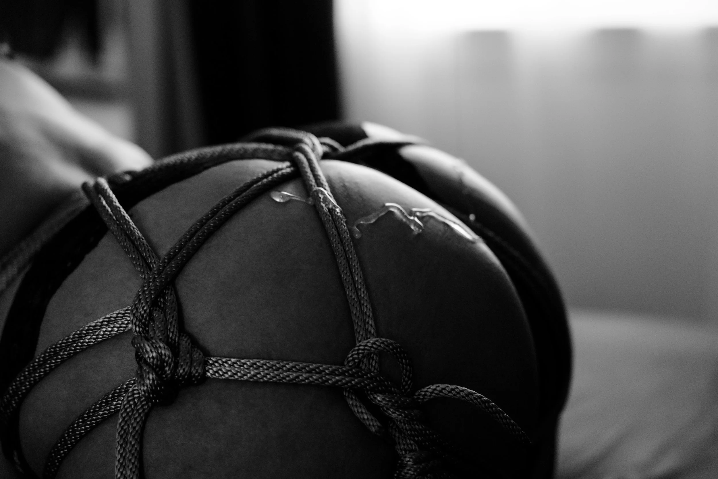 Phoenix intimate photography featuring a woman in a shibari rope harness with honey dripping down her body, black and white