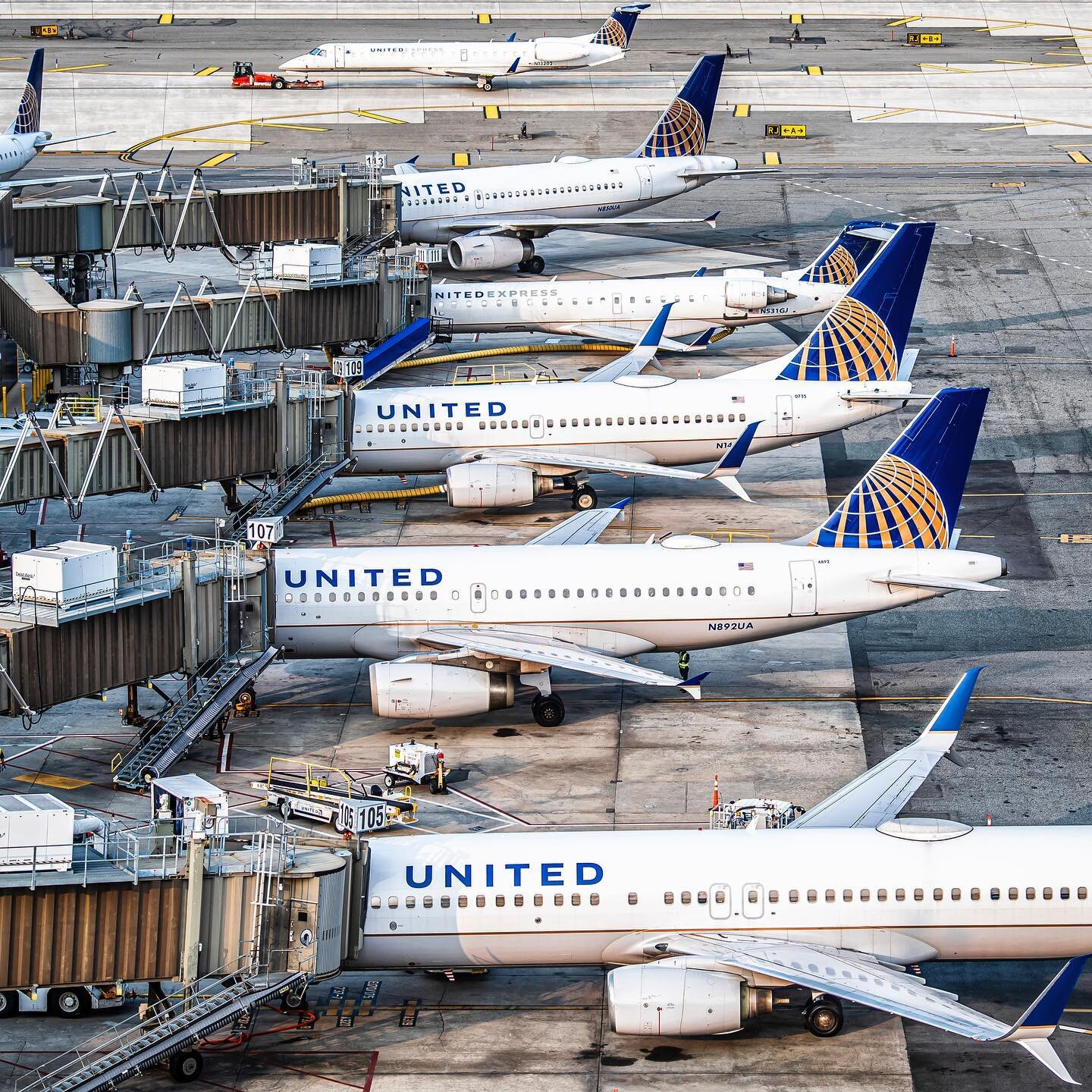 A United family photo at Newark as the sun sets last September. Photo taken from atop the ramp tower. #unitedairlines #newark #newarkairport #737 #boeing #boeinglover  #instagramaviation #aviationlover #aviationphotography #nikon #nikonphotography #d