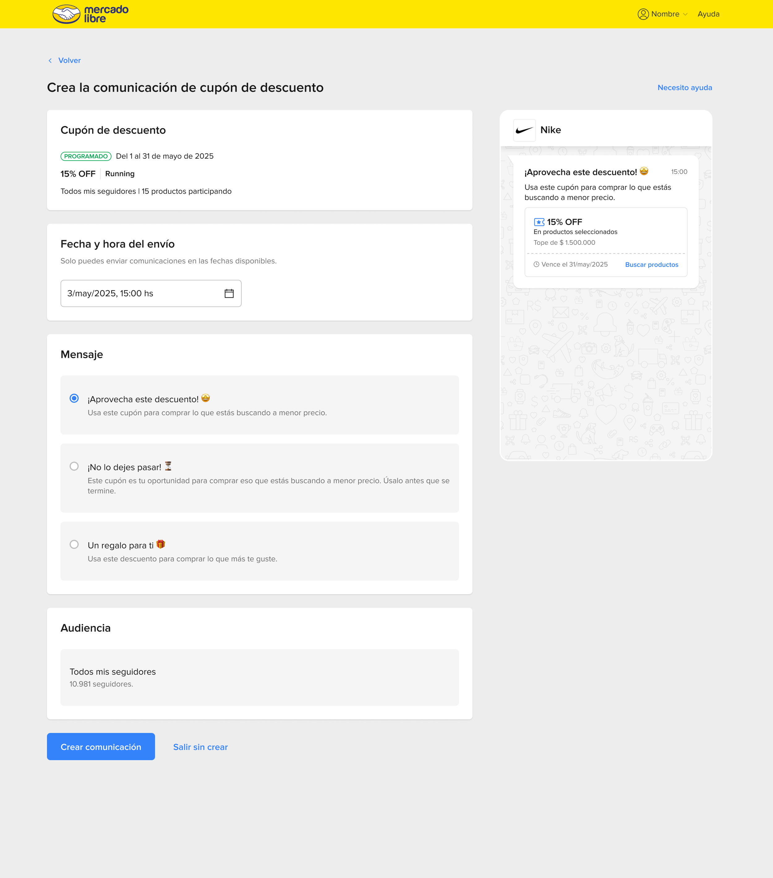 Coupon creation screen