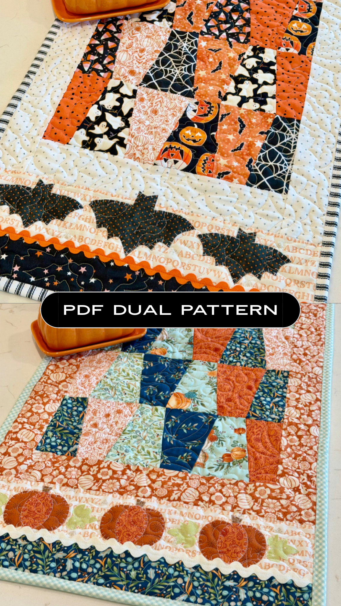Tumble Into Fall pumpkin Halloween bat table runner sewing pattern. Appliqued and quilted orange and black kitchen linen