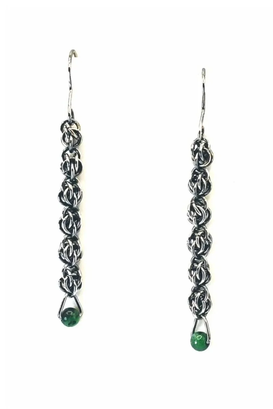 Pair of 2.5-inch handcrafted sterling silver chainmail-style dangle earrings with green zoisite beads at the ends.