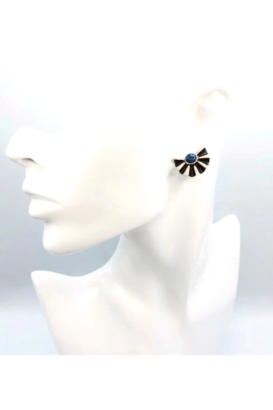 Handmade copper and sterling silver fan-shaped earrings with round blue sodalite cabochons, titled “Bouquet.”