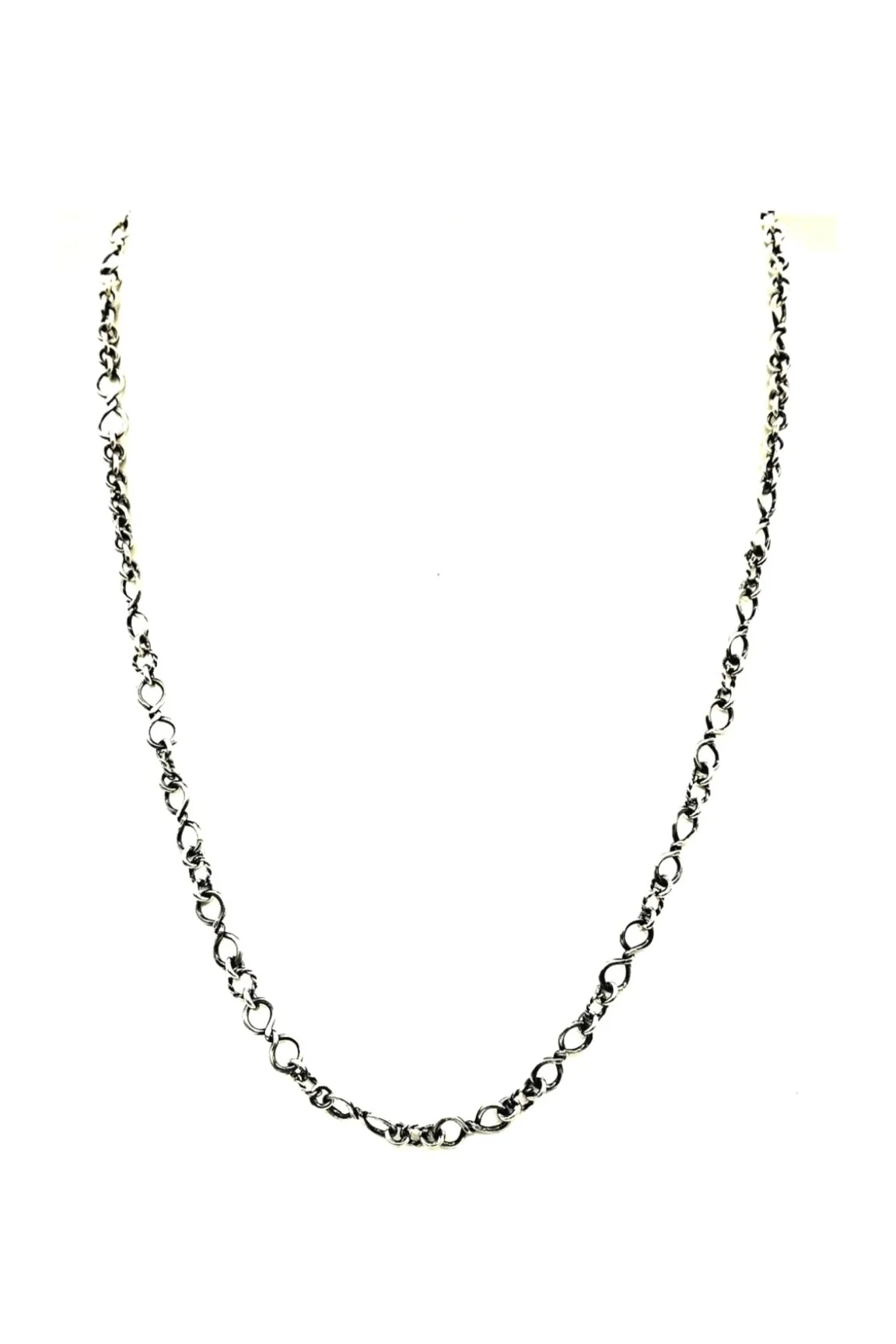 Handmade sterling silver chain with uniquely crafted, slightly twisted oval links forming an elegant, lightweight design.