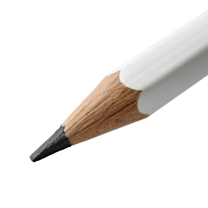 Close-up image of a sharpened wooden pencil with a black tip and white painted upper part, set against a black background.